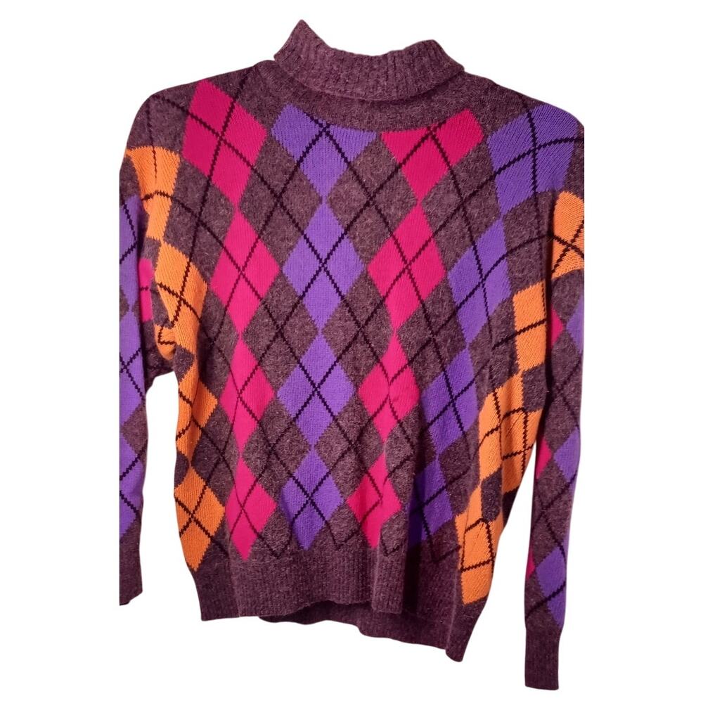VTG Jeanne Pierre Argyle Turtleneck Sweater Size M Gray Fuschia Lambswool Angora